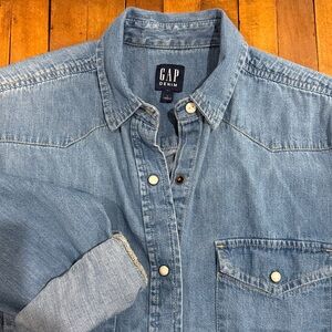 Gap Denim Blue Denim Western Pearl Snap Shirt Size S